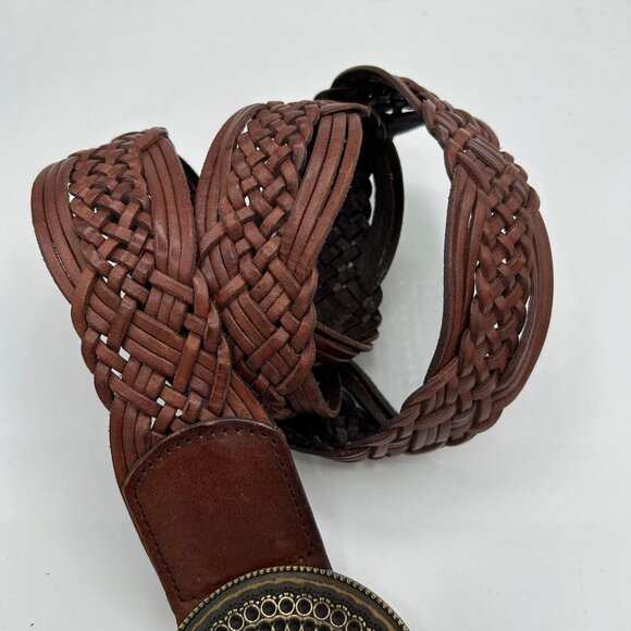 Genuine Leather Country Western Large Buckle Belt Boho Maximalist Size Medium Wo - Picture 3 of 4